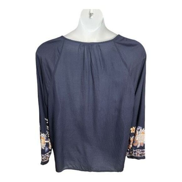 Chico's Navy Blue Floral Print Pullover Tassel Top Peasant Blouse Size 3 (XL,16) - Picture 6 of 12
